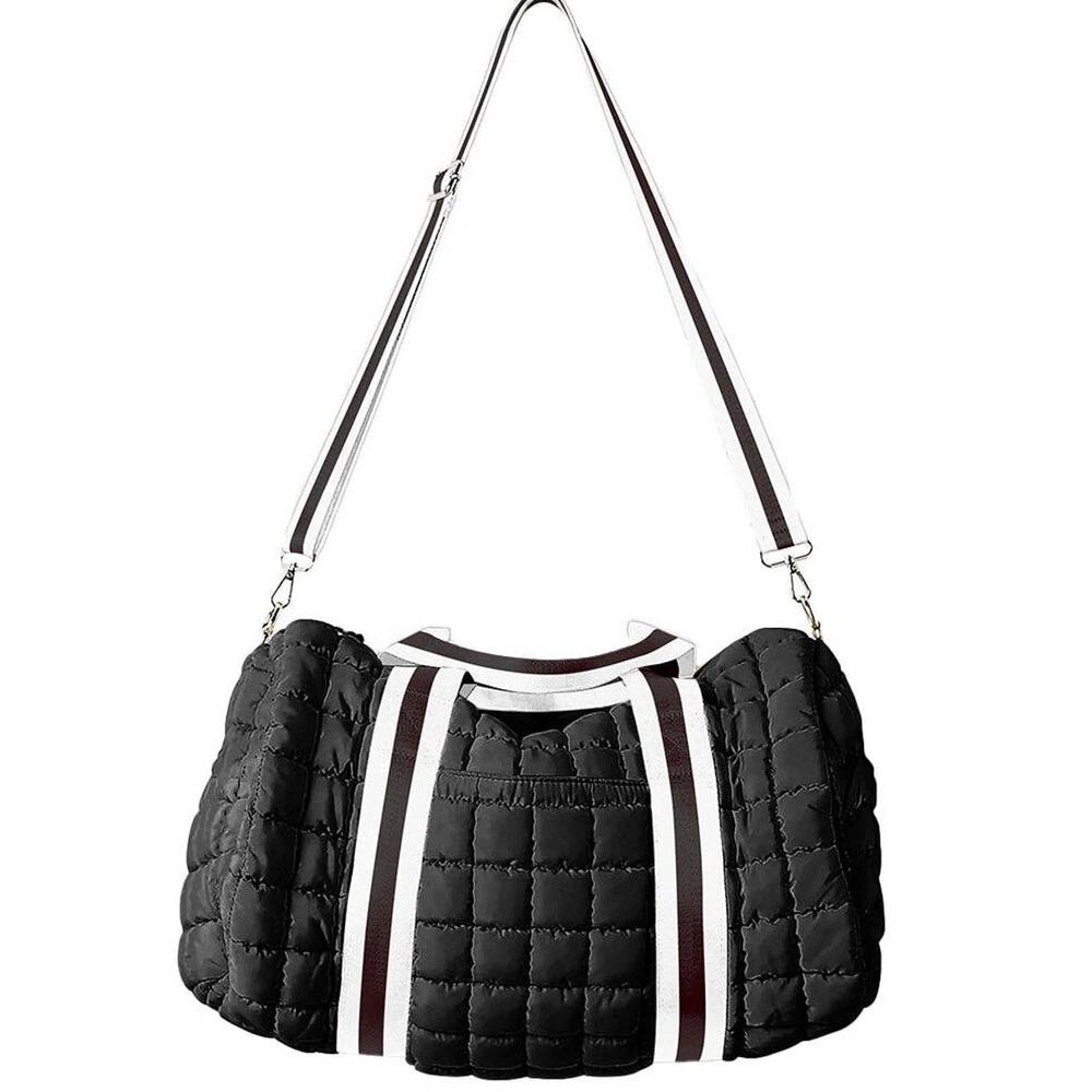 Black Striped Quilted Duffel Weekender Bag